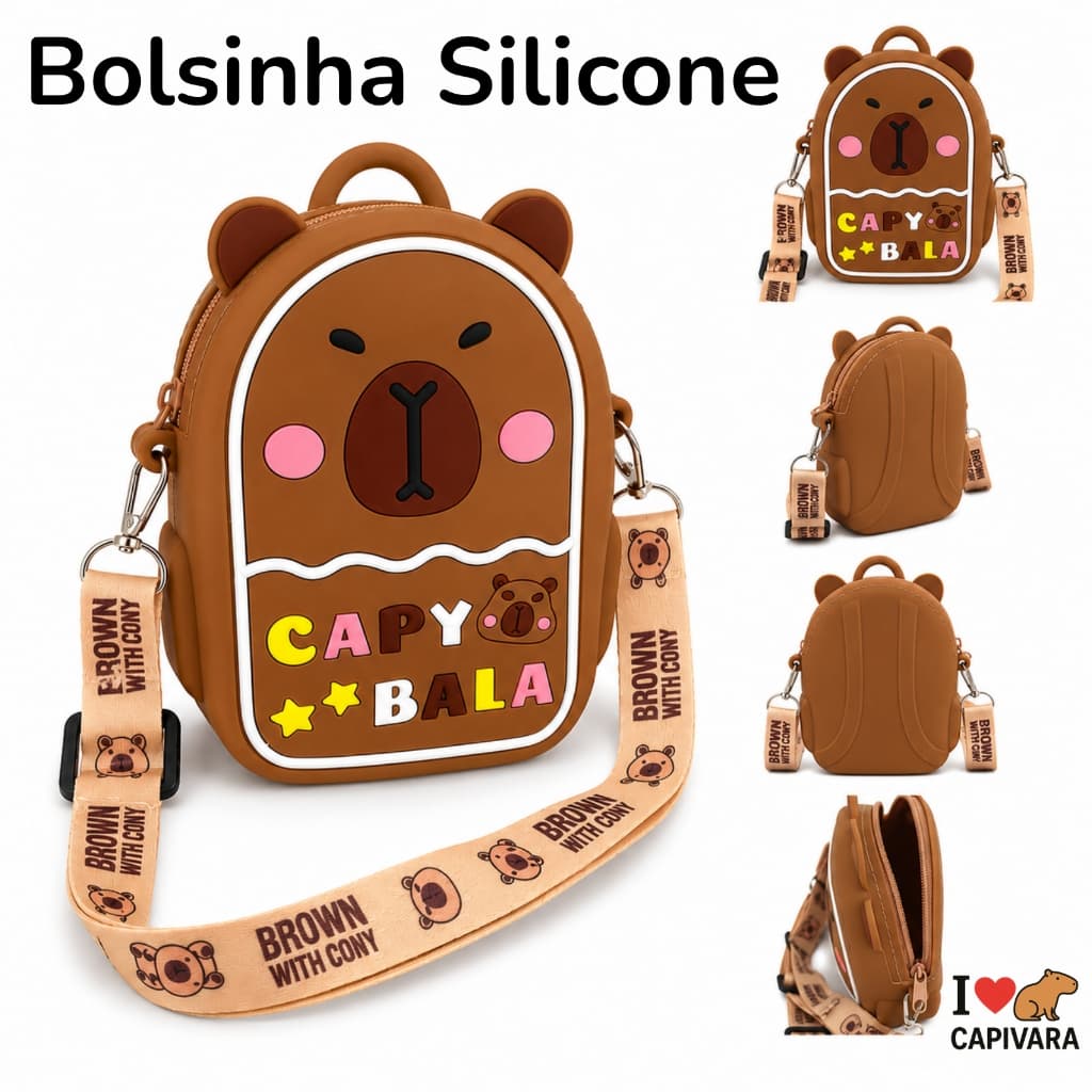 Bolsinha Infantil Capivara de Silicone com Alça Transversal Ajustável Meninas Passeio Meninos
