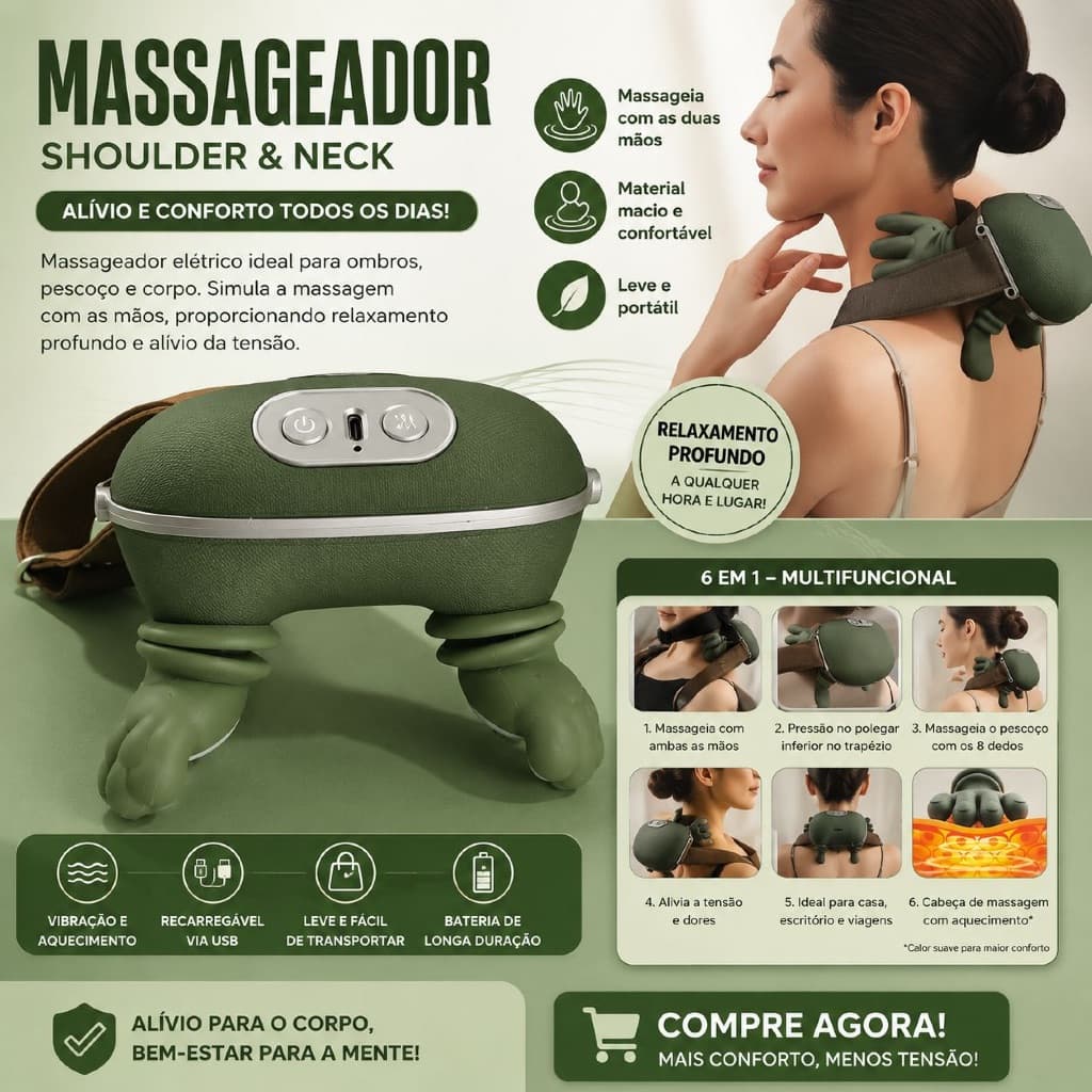 Massageador Elétrico Portátil Aquecimento USB C Design Ergonômico Relaxamento Muscular