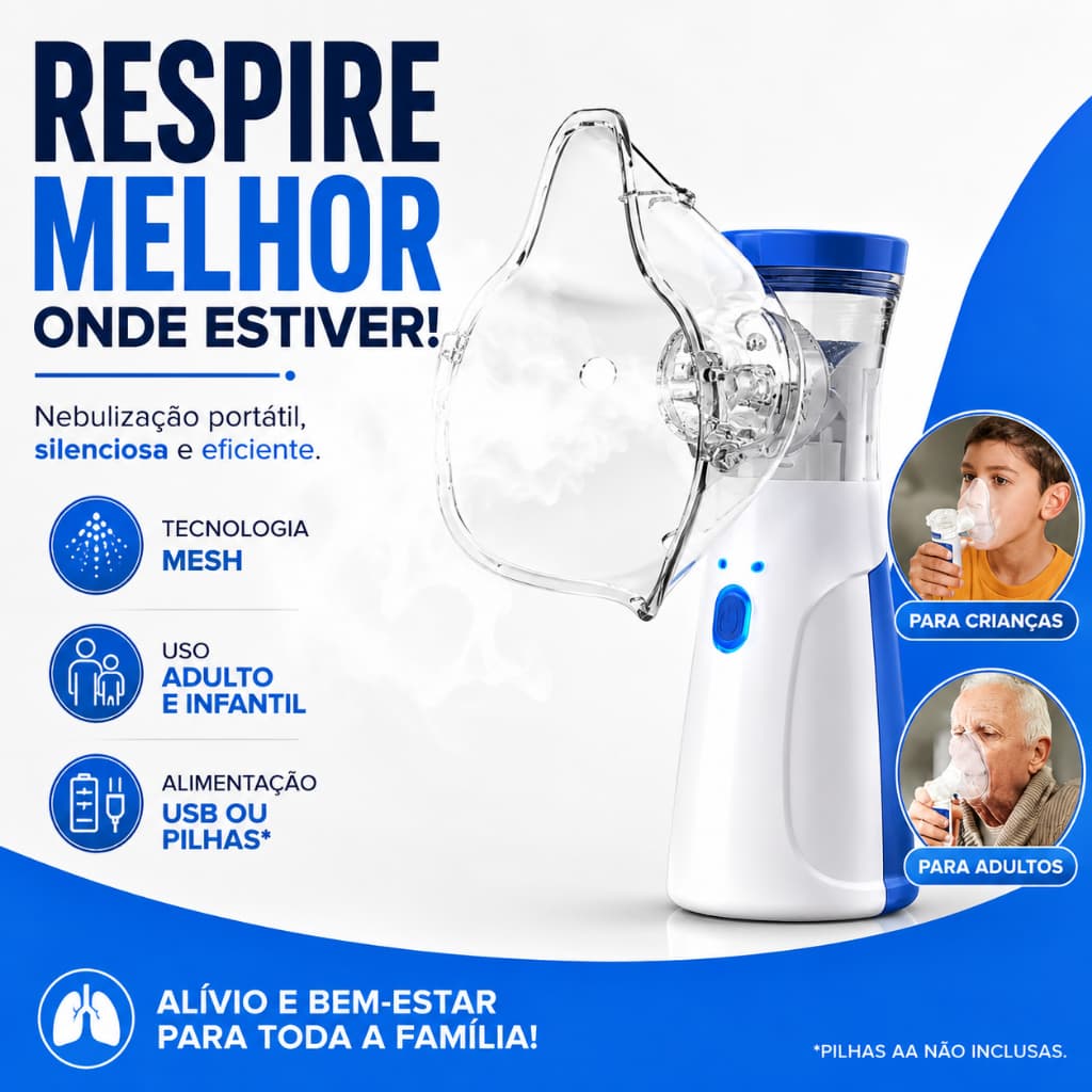 Inalador Portátil Nebulizador Ultrassônico Mesh USB Adulto Infantil Silencioso Alta Eficiência 15ml