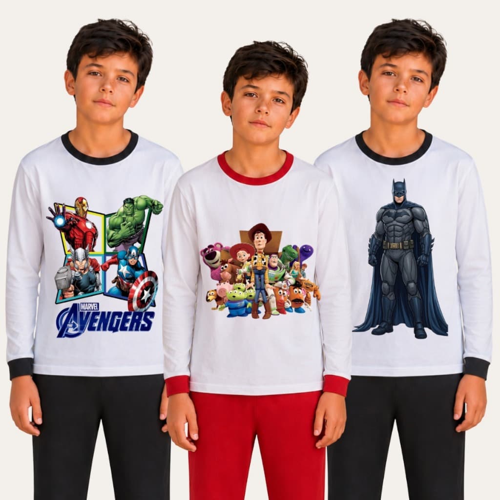 Kit 3 Pijamas Sortidos Menino Personagens Estampados Tecido Suave Infantil