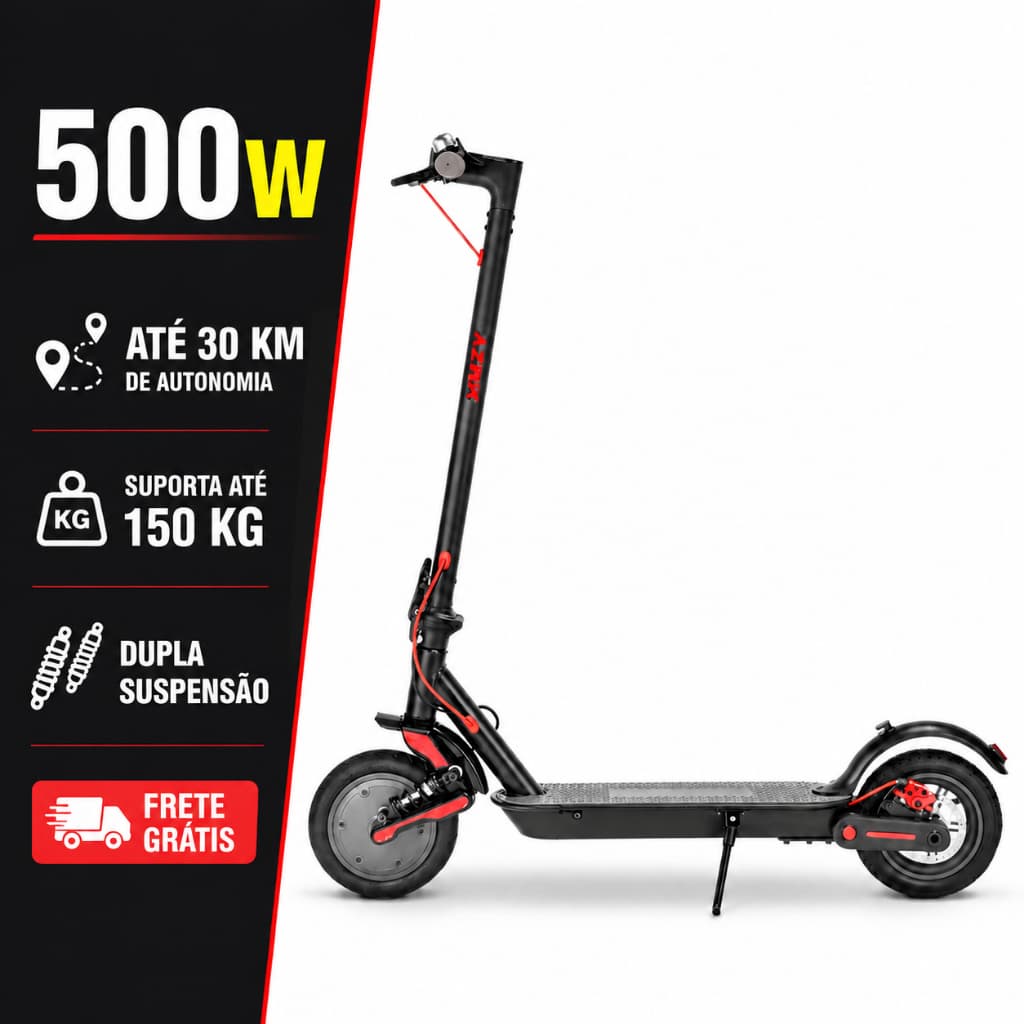 Patinete Elétrico Adulto 500W Dobrável com Dupla Suspensão, Até 30 km e 150 kg