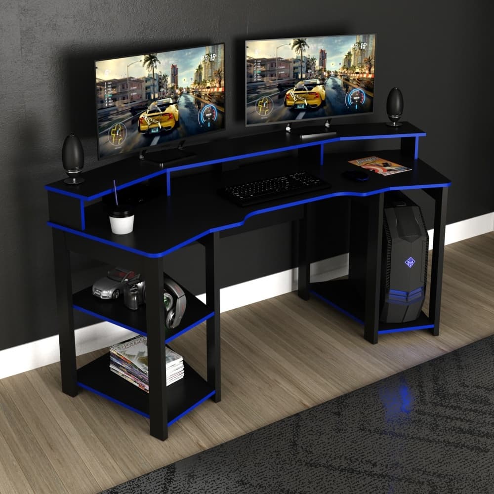 Mesa Escrivaninha Gamer Para 2 Monitores ME4167 Preto Azul Tecnomobili