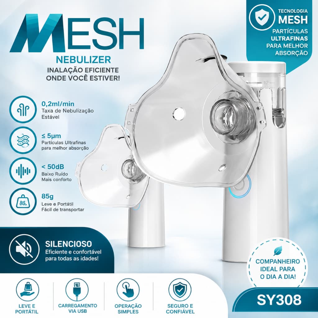 Nebulizador Inalador Sem Fio Recarregavel Portatil e Silencioso Mesh Mini Infantil e Adulto