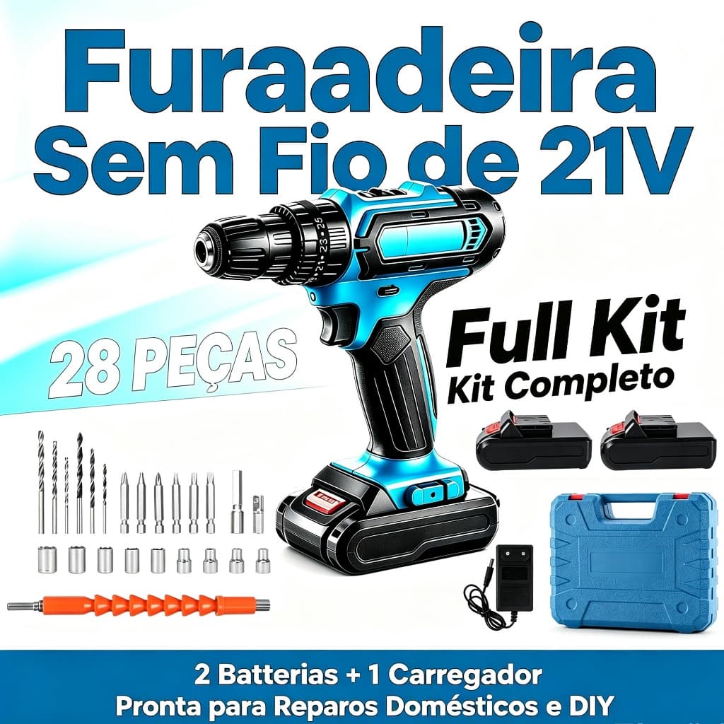 Furadeira Parafusadeira 21V 12V Sem Fio Azul com 2 Baterias 1 Carregador Maleta e Kit 28 Peças