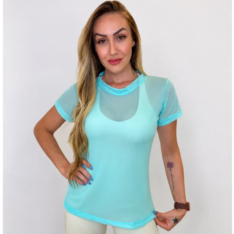 Blusa Feminina De Tule Transparente Fitness Camisão Academia