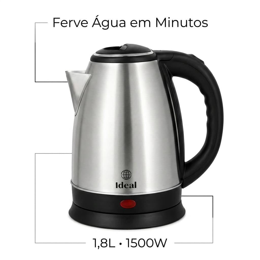 Chaleira Elétrica 1,8L Inox 1500W 220V IDEAL Pronta Entrega Desligamento Automático