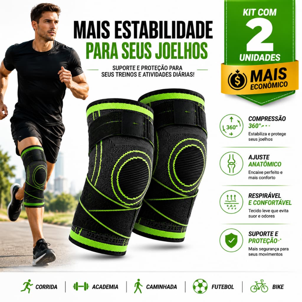 Kit 2 Joelheiras de Compressão Ajustável Esportiva Ortopédica | Suporte para Joelho Corrida Academia Caminhada Futebol