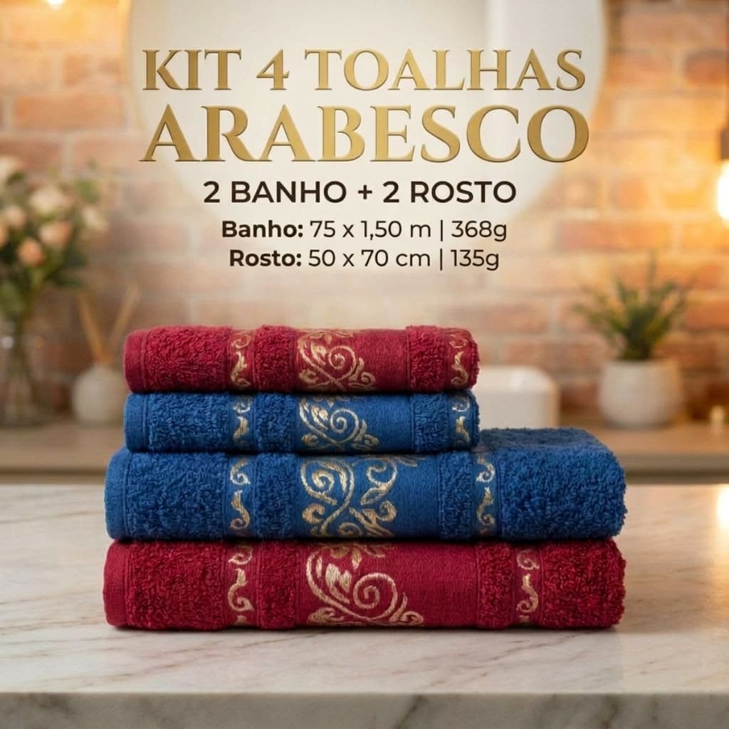 Jogo Toalha Arabesco 4 Peças Banhão 2 Banho + 2 Rosto 100% Algodão Maciez Elevada