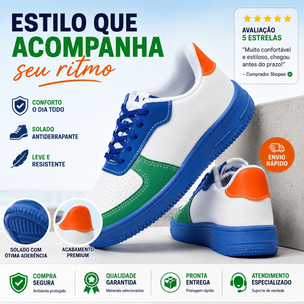 Tênis Feminino Plataforma Casual Confortável Solado Alto Branco Azul Verde Laranja Estilo Urbano