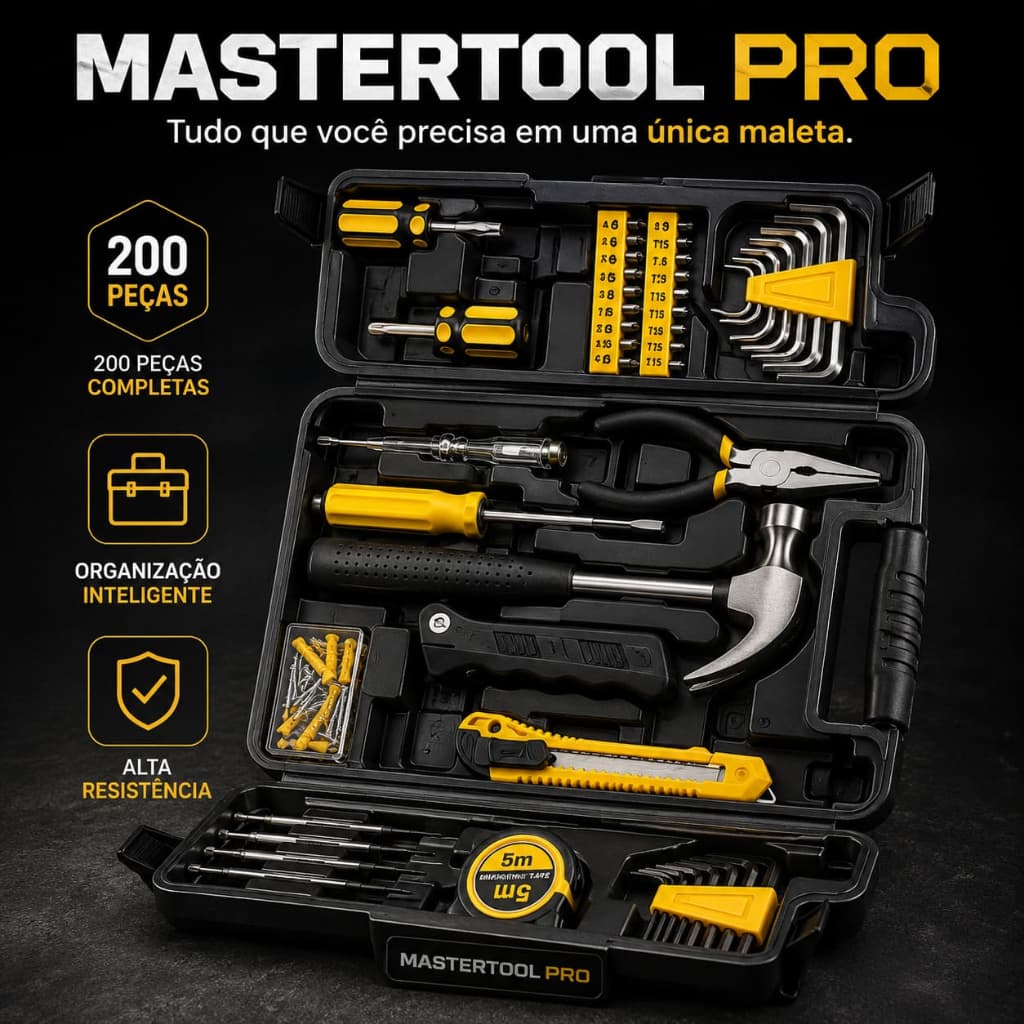 Kit de Ferramentas 200 Peças Completo MasterTool Pro com Maleta Organizadora Profissional para Reparos, Construção e Man