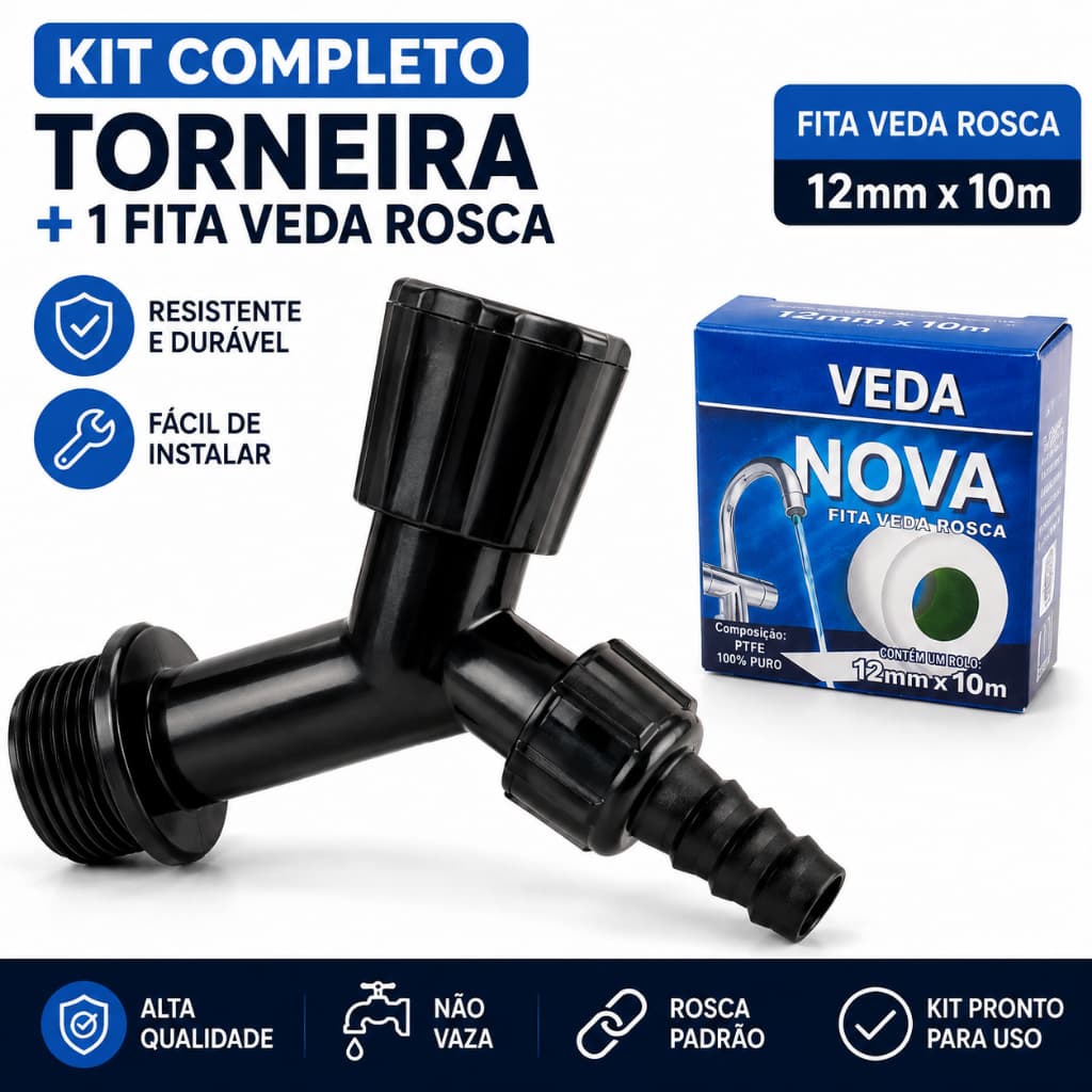 KIT TORNEIRA 1/2 E 3/4 COM FITA VEDA ROSCA 12mm x 10m | TORNEIRA PARA TANQUE, JARDIM E ÁREA EXTERNA | INSTALAÇÃO RÁPIDA