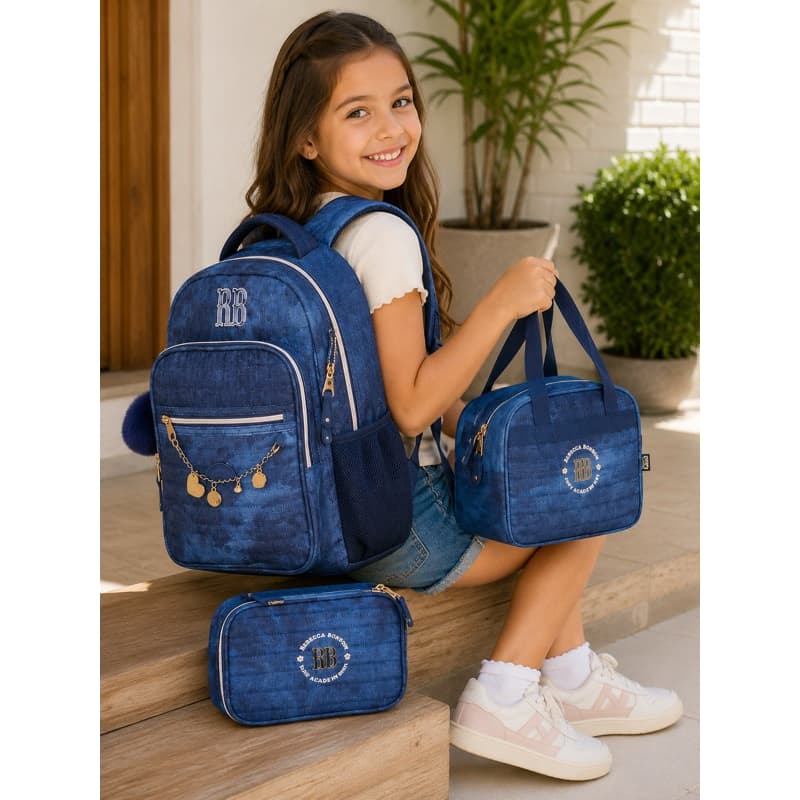 Kit Mochila De Costas Jeans Escolar 50172 Lancheira Estojo Escolar Rebecca Bonbon RB Original