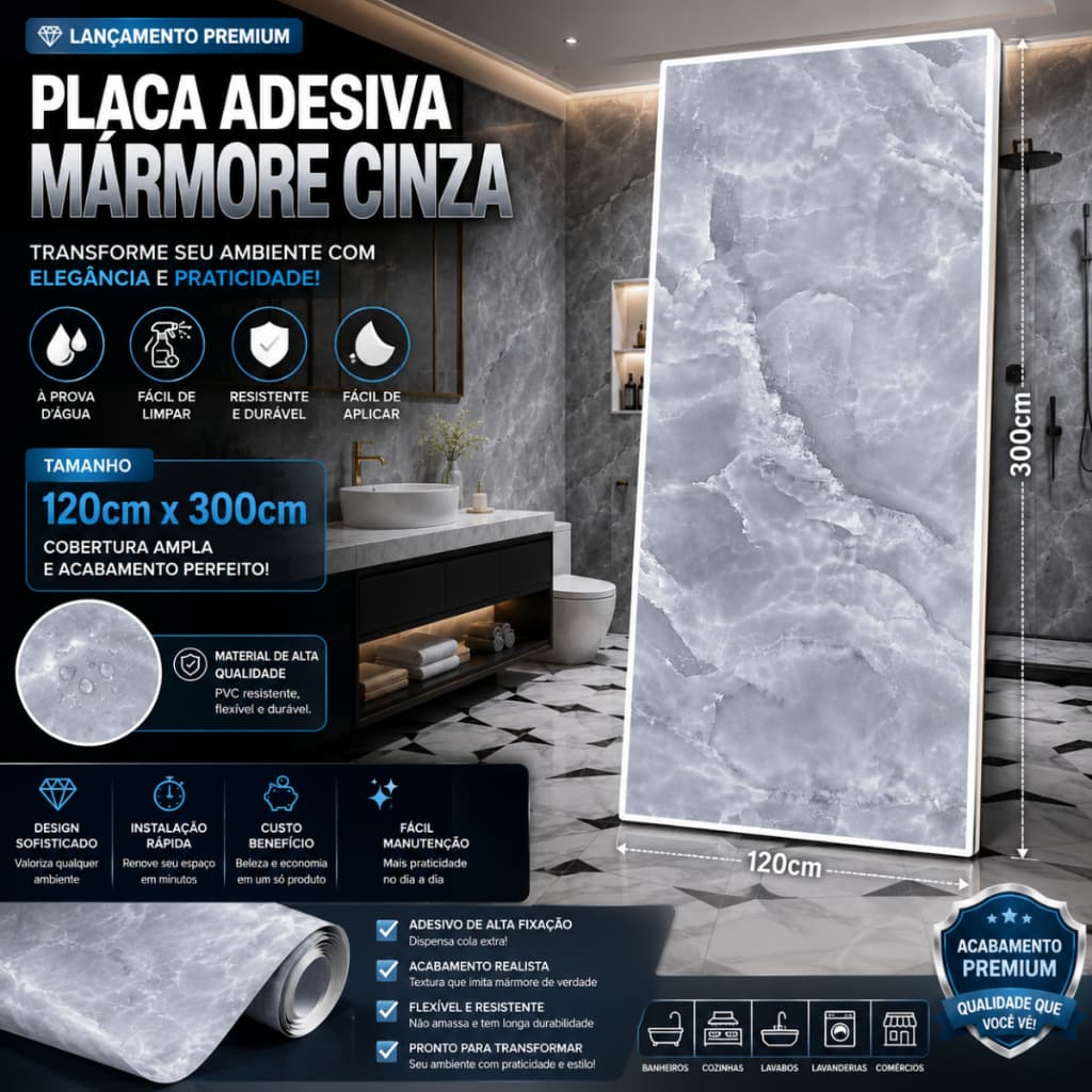 Placa Adesiva Marmorizada Cinza 120x300cm Painel Papel De Parede Mármore PVC 3D Autocolante Lavável