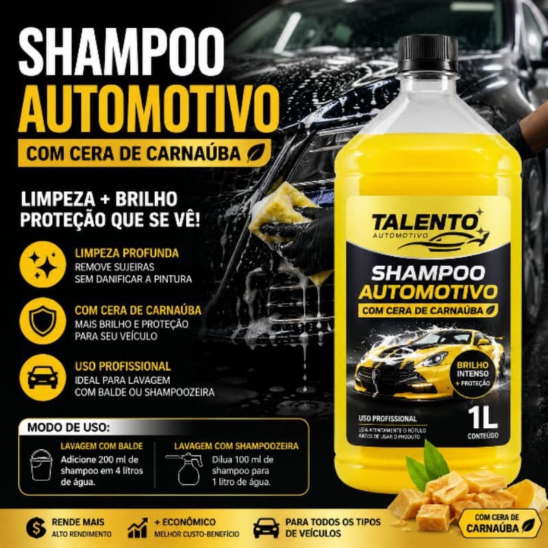 Shampoo Automotivo com Cera de Carnaúba 1L Talento Brilho Proteção Lava Carros Concentrado