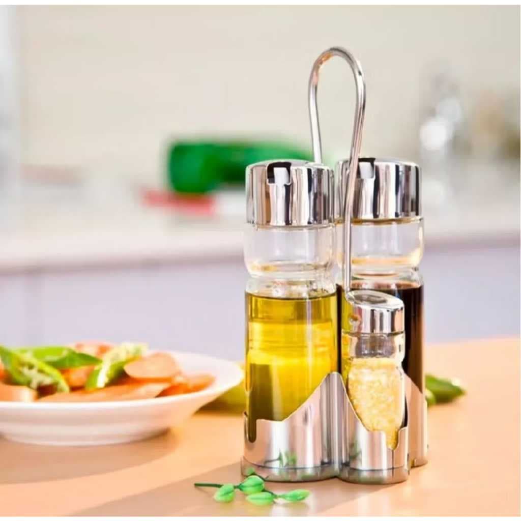 Galheteiro Porta Azeite Vinagre Saleiro Paliteiro Vidro Tampa Suporte Plástico Inox 4 Pçs