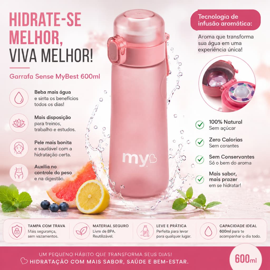 Garrafa de Água Sense 600ml com Infusor de Aroma Squeeze Academia Academia Fitness