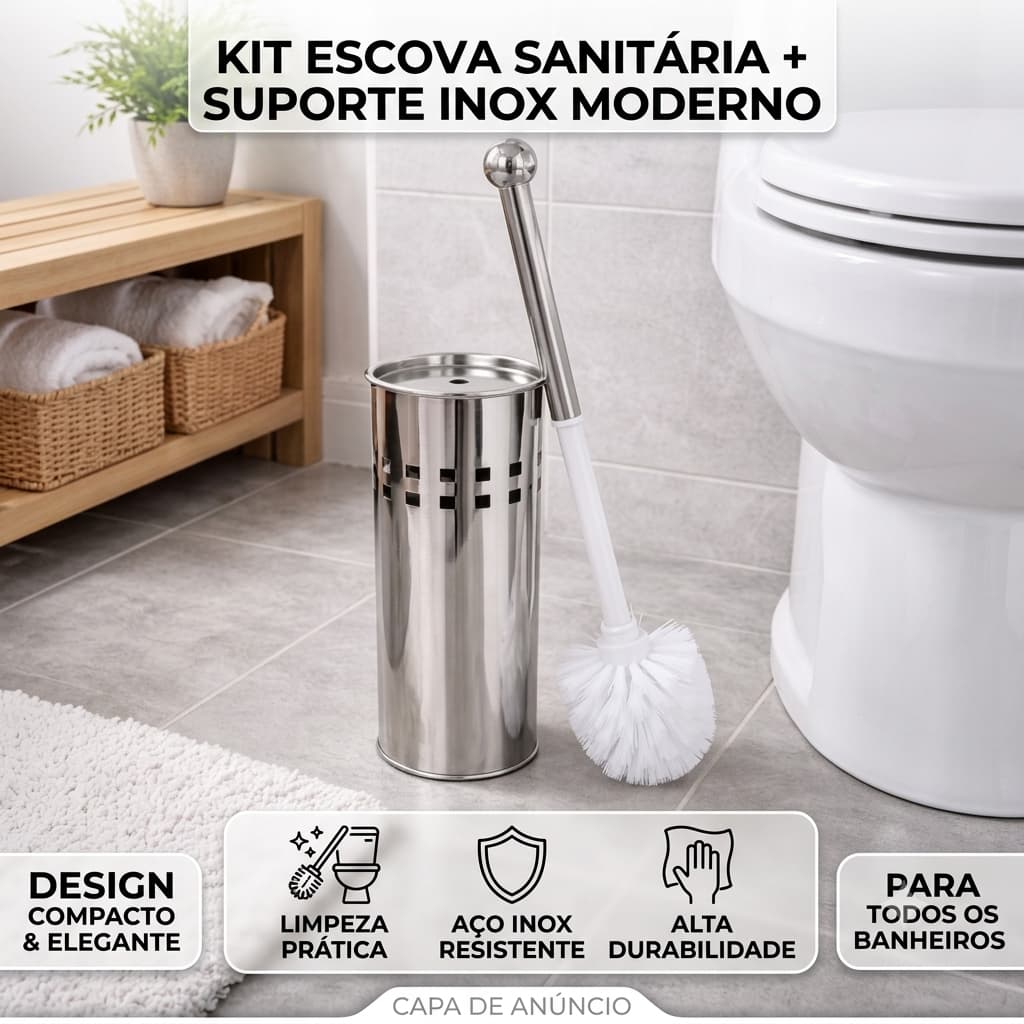 Kit Escova Sanitária Banheiro Suporte Inox Limpeza Prática Durável