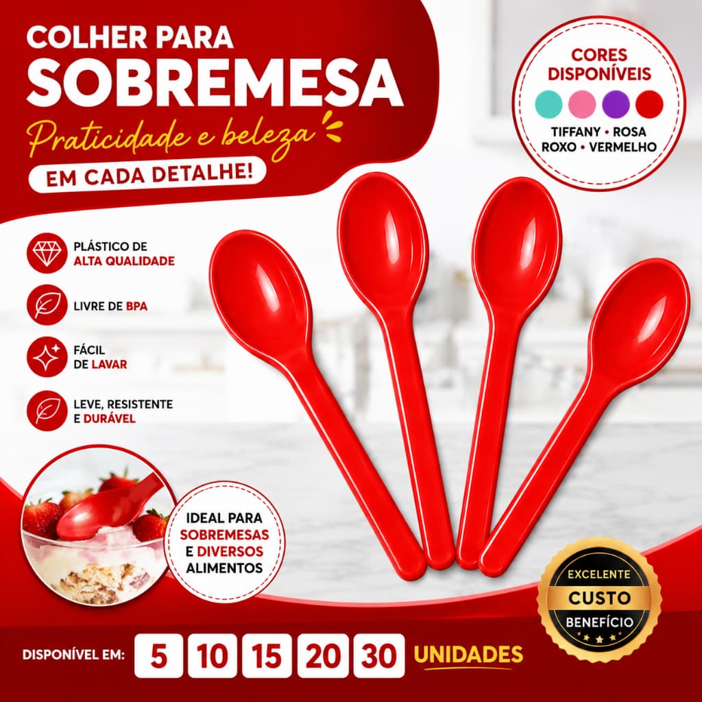 Kit Colher Escolar Plástica Reutilizável Resistente para Festa Sobremesa Merenda Até 30 Peças