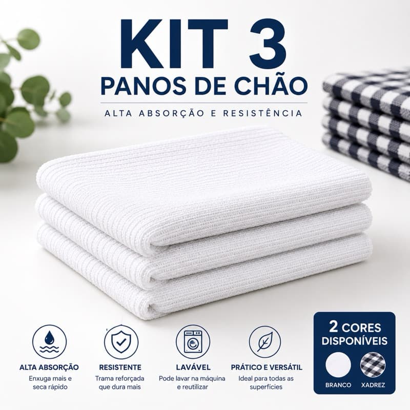 Kit 3 Panos de Chão 45x65 cm Alta Absorção – Branco ou Xadrez