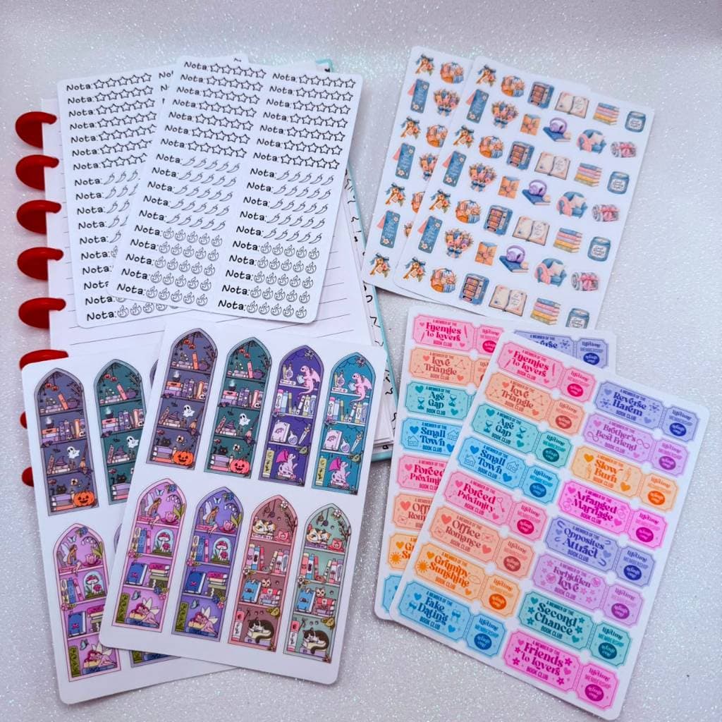 Kit 8 Cartelas de Adesivos Para Planner/Bullet Journal Literários Avaliação de Livros e Decoração Kawaii