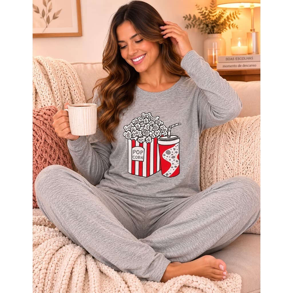 Pijama Feminino Flanelado Inverno Manga Longa Conjunto Longo Quentinho Toque Macio Não Dá Bolinha