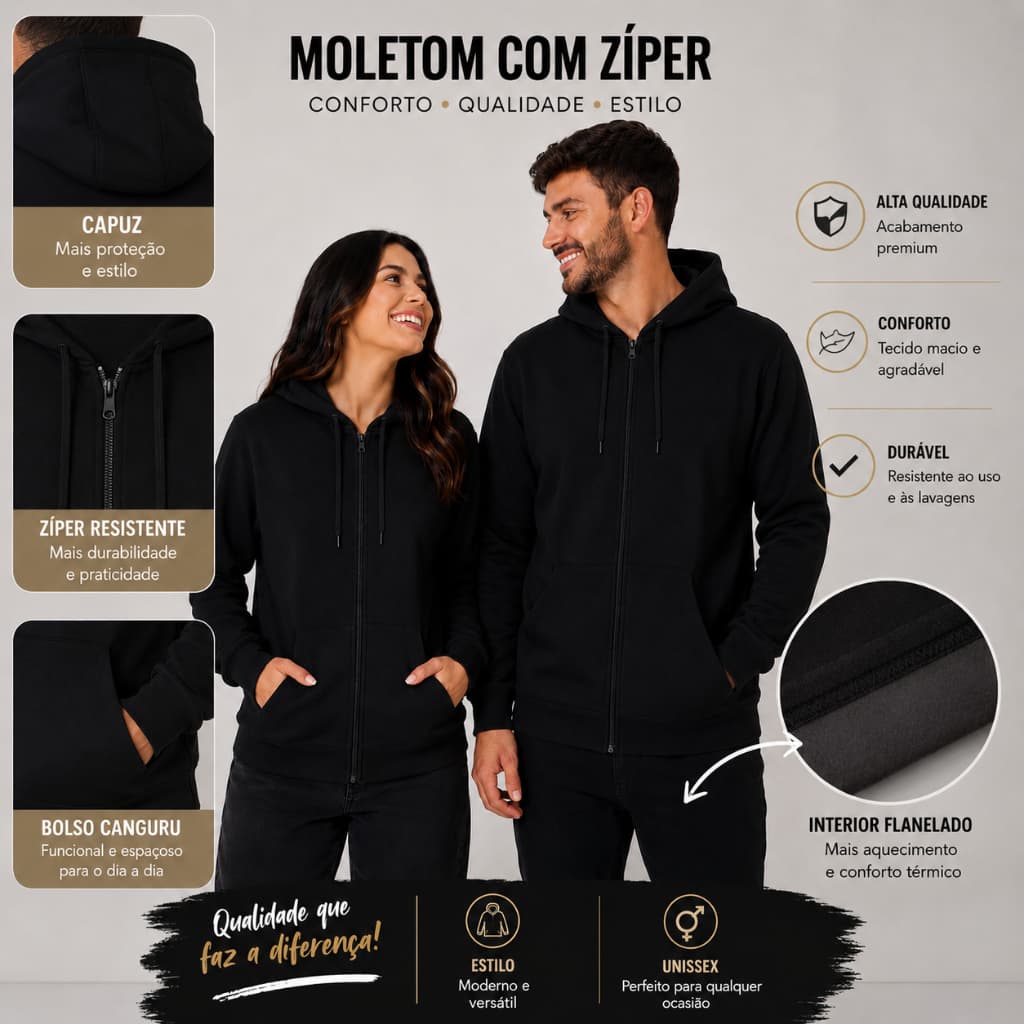 Kit Casal Moletom com Zíper Flanelado | Kit Namorados | Moletom Canguru com Capuz | Casaco de Frio | Presente
