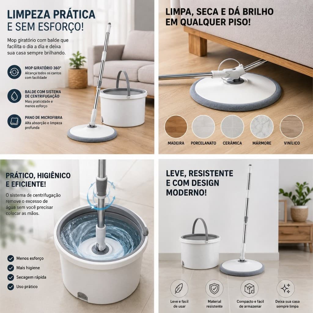 Mop Giratorio Balde Autolimpante 2 Refis Limpeza Facil Pratico Casa