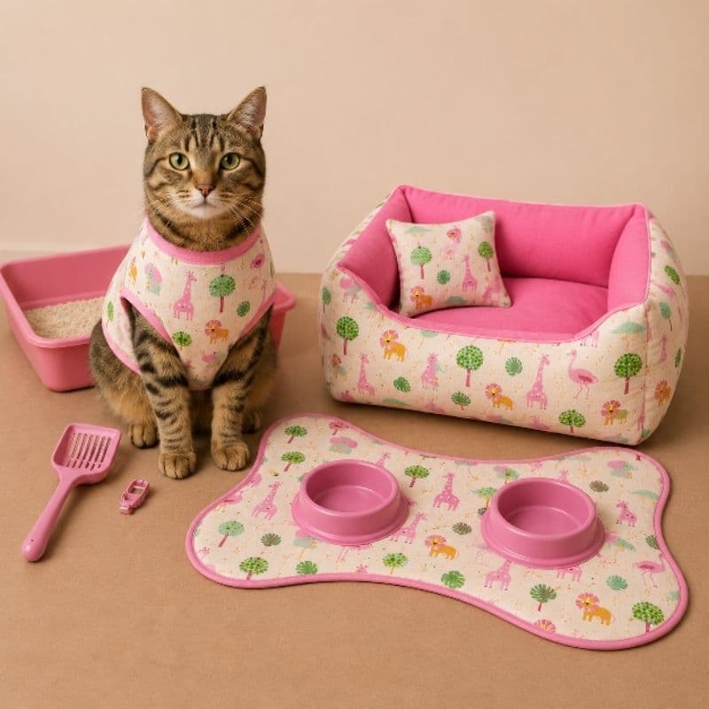 kit cama pet + tapete comedouro+ 2 comedouro para gato e coleira