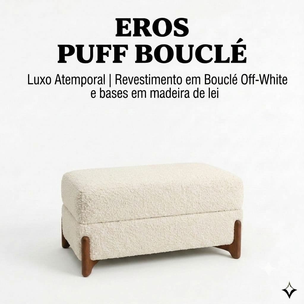 Puff Eros Wood Bouclé Off White 90cm | Banco Moderno com Pés de Madeira