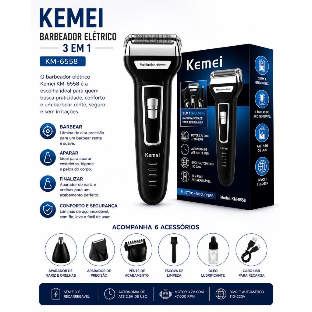 Maquina Barbear Shaver Kemei 3 Em 1 KM-6558 Promoção