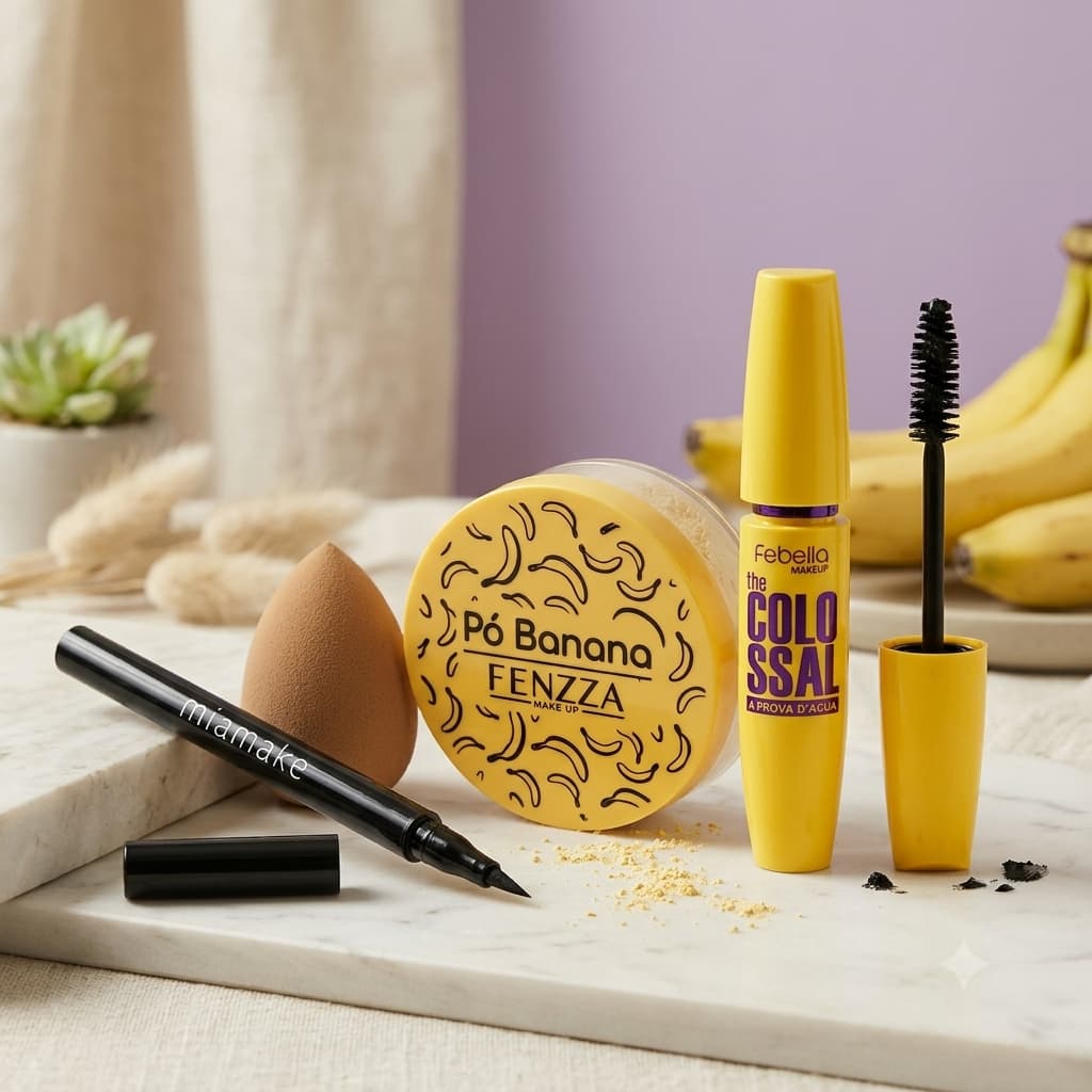 Kit Maquiagem, Máscara de Cílios + Delineador Caneta + Pó Translucido + Esponja - Kit 4 Itens de Maquiagem