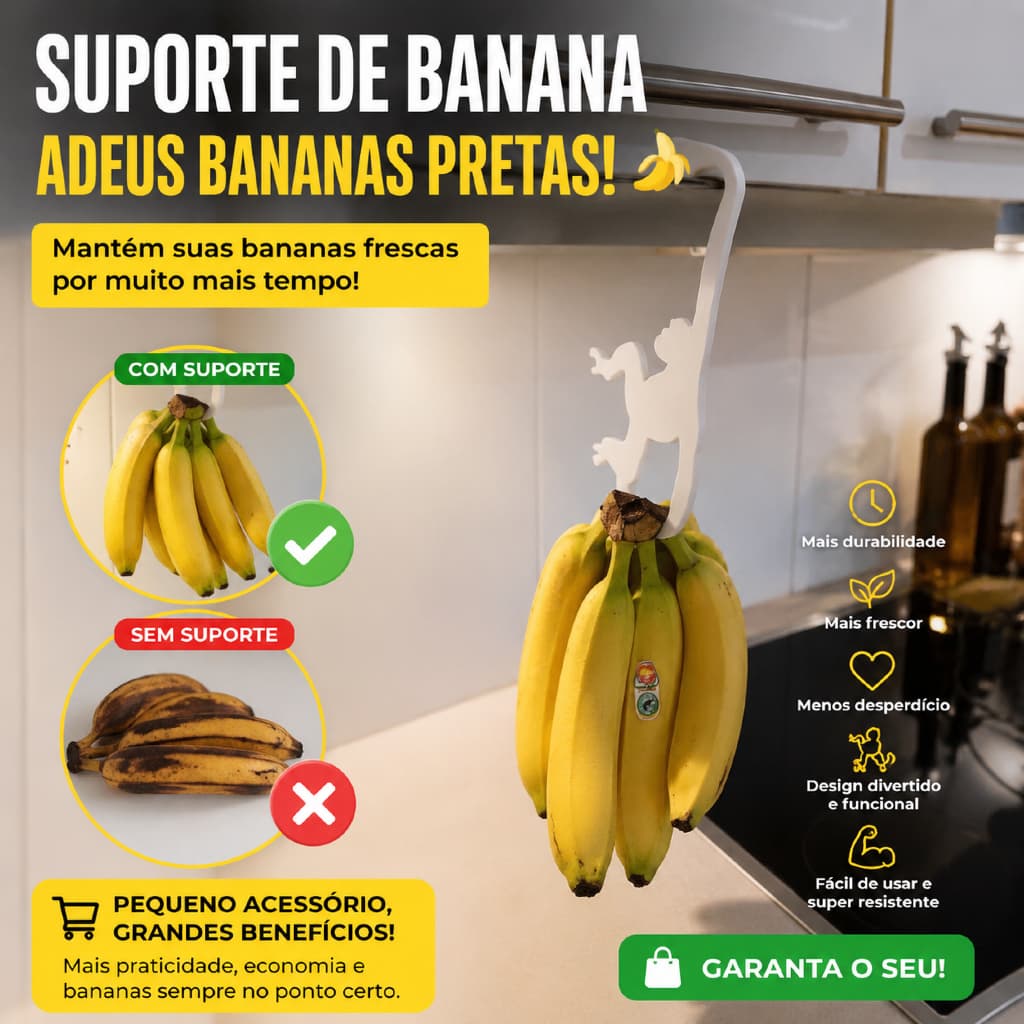 Suporte para Bananas engracado| Gancho Porta Bananas Macaco | Conserva as Frutas por Mais Tempo | Organizador de Cozinha
