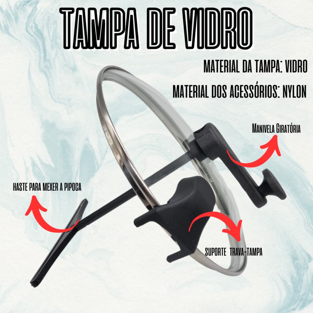 Tampa de Vidro Pipoqueira Com Manivela e Haste de Nylon