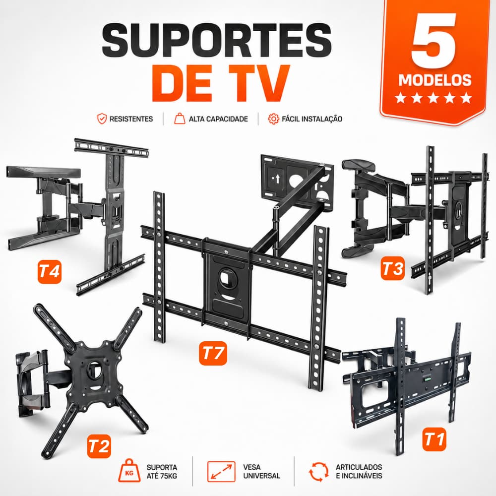Suporte Articulado e Rotativo TV 26–86 Polegadas Parede Ajustável Inclinação e Giro 180° Reforçado
