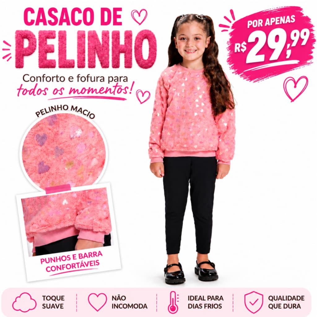 Casaco Infantil Menina Inverno Pelinho Confortável 2 ao 8 anos