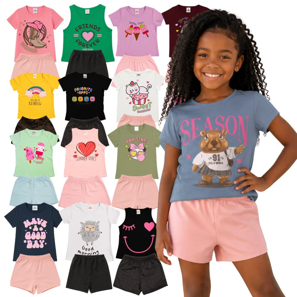 Kit Conjunto Infantil Menina do 2 ao 12 | Camisetas + Shorts  Sortido | Conjuntos Infantil