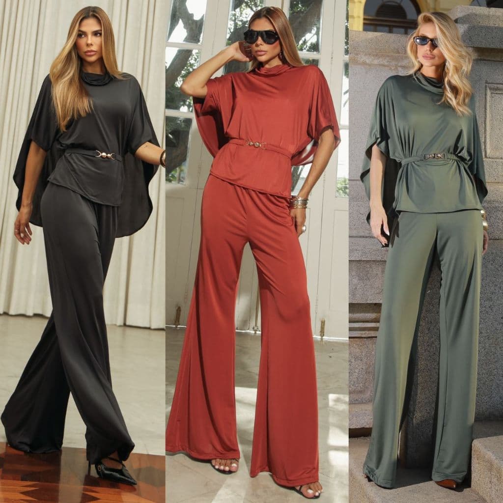 Conjunto Social Feminino Elegante Soltinho Calça Pantalona e Blusa Assimétrica com Cinto Confortável