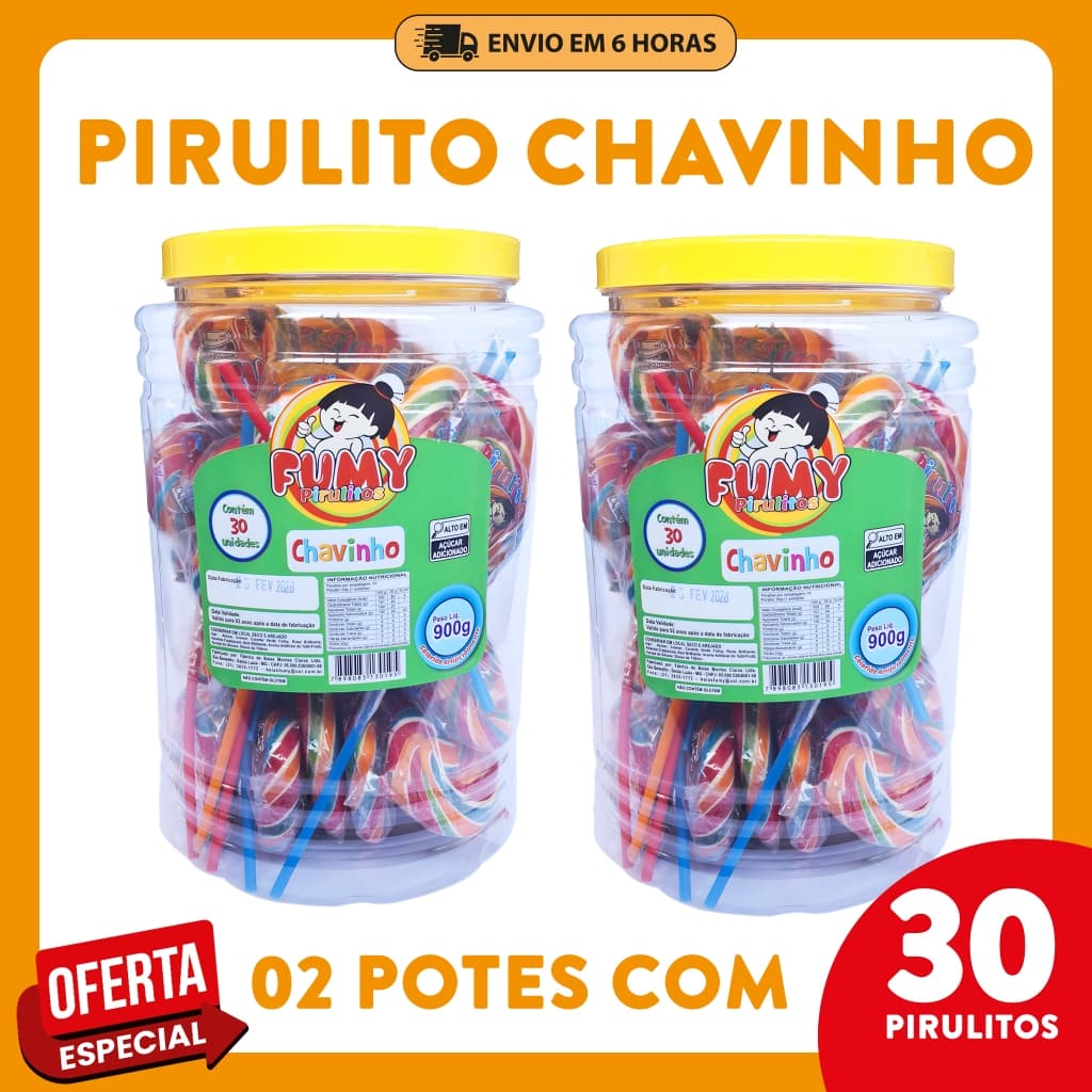 Kit 30 Pirulitos Chavinho Fumy – doces para festa infantil, lembrancinhas, aniversários, decoração