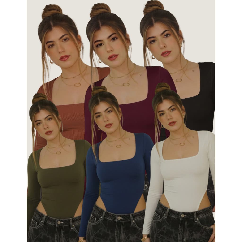 Body Feminino Suplex Manga Longa Decote Quadrado Casual Premium