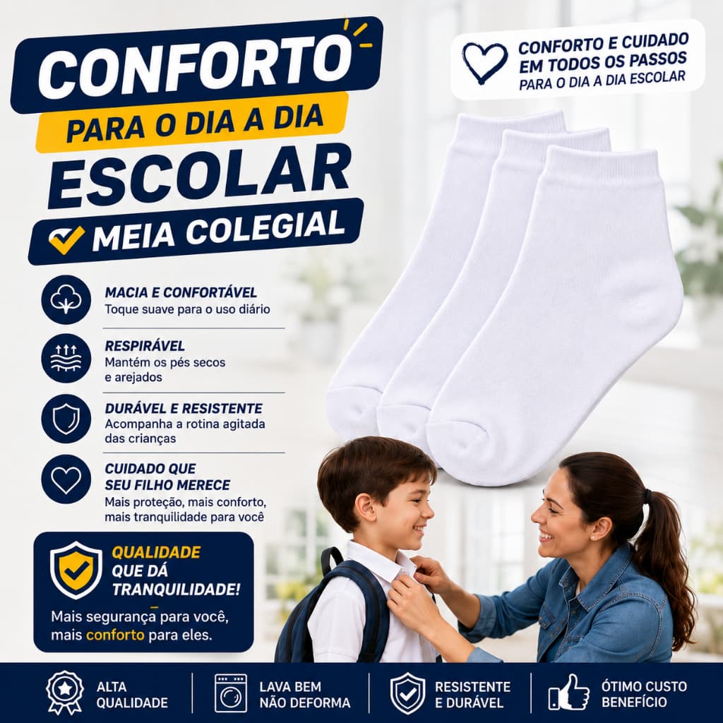 Meia Colegial Branca Premium Cano Médio Algodão Infantil Juvenil Adulto Unissex Escola Macia e Resistente