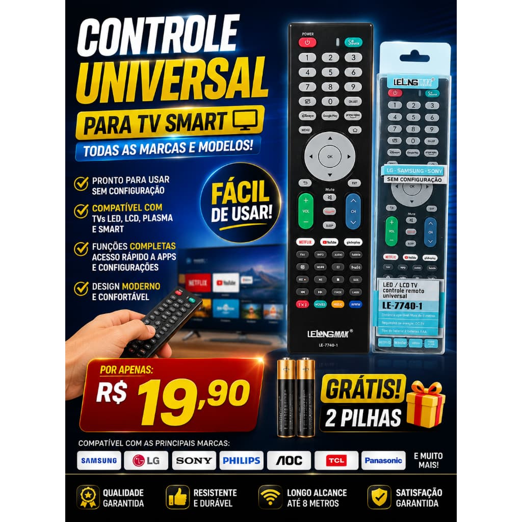 Controle Universal   Lelong  Smart Tv   Samsung, Thoshiba, Philips, Panasonic, Aoc, outras Marcas