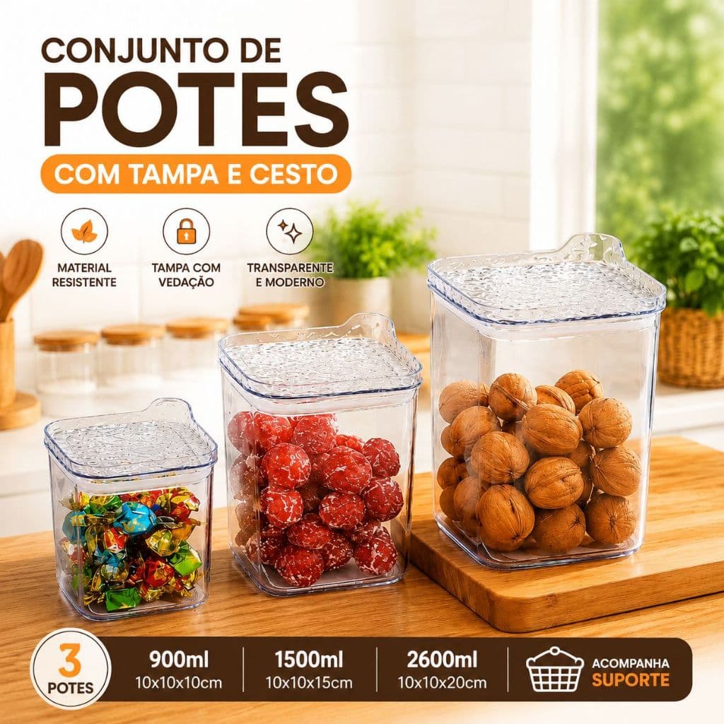 Kit 3 Potes Hermetricos Quadrados Multi Uso Conservas Geladeira Organização de Cozinha