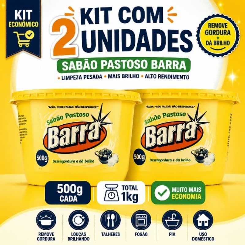 Sabão Pastoso Barra 500g | Alto Poder Desengordurante Cozinha 500g
