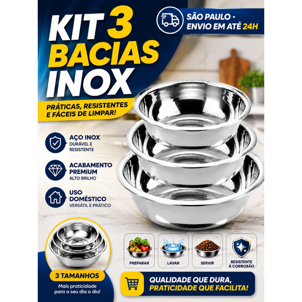 Kit 3 peças bacias de inox Alta Qualidade Tigela Para Cozinha Salada Massa Frutas