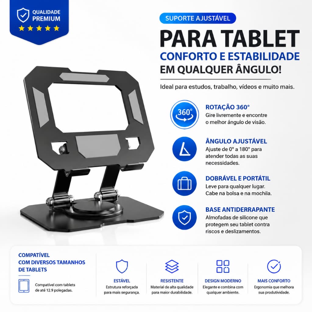 Suporte de Mesa Rotativo para Tablet e Celular com Rotação 360°