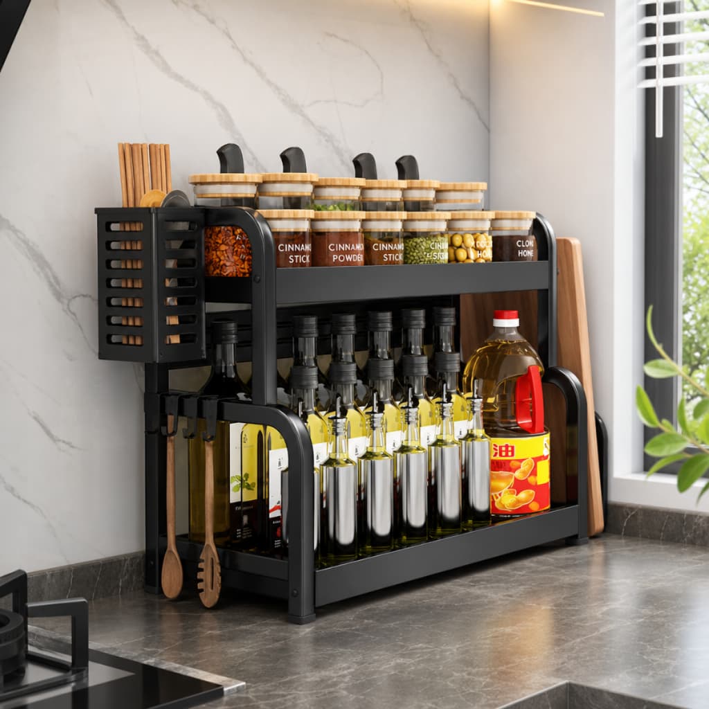 Organizador de Cozinha Duplo 50cm Suporte de Temperos com Porta Faca Tábua Gancho e Porta Pauzinhos
