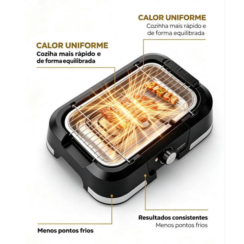 Grelha elétrica portátil ideal para piqueniques, cozinhas e churrascos; 1500W (110V) 60HZ.