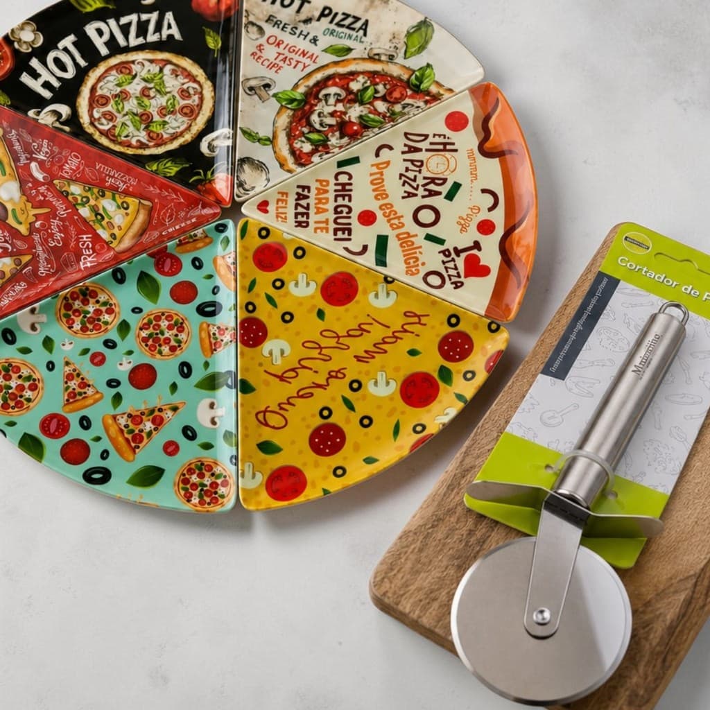 Kit 6 Pratos Triangular Para Pizza Decoração de Festa Melamina + Cortador de Fatias