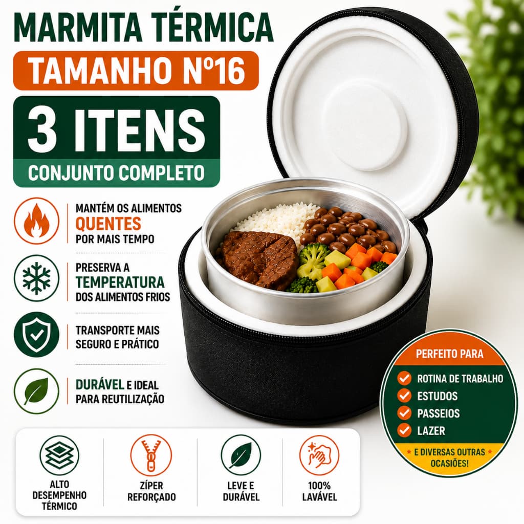 Kit Refeição Térmico Nº 16 Média | Bolsa Térmica + Isopor + Marmita de Alumínio