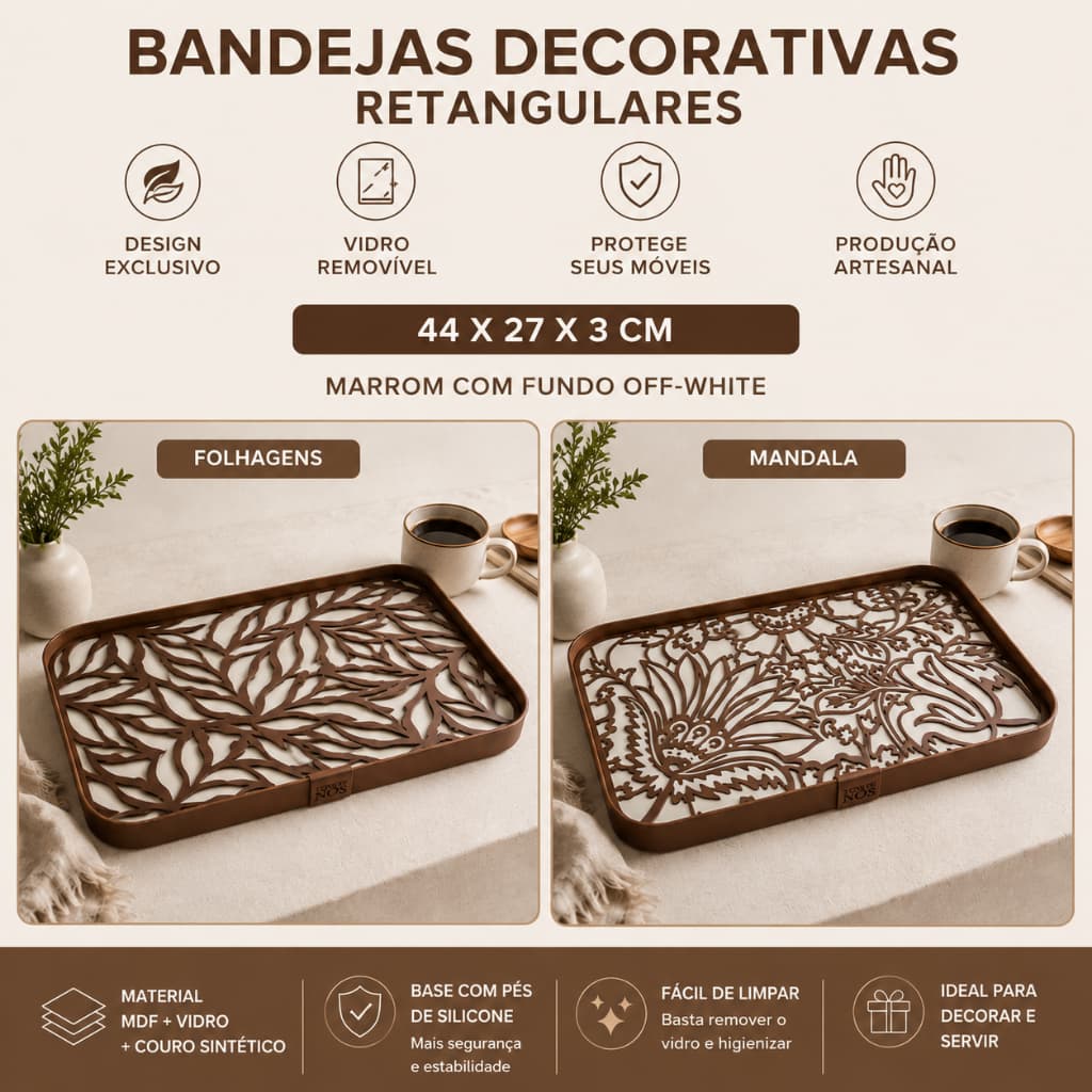 Bandeja Decorativa Retangular MDF com Vidro 44x27cm Café Cama Folhagem ou Mandala
